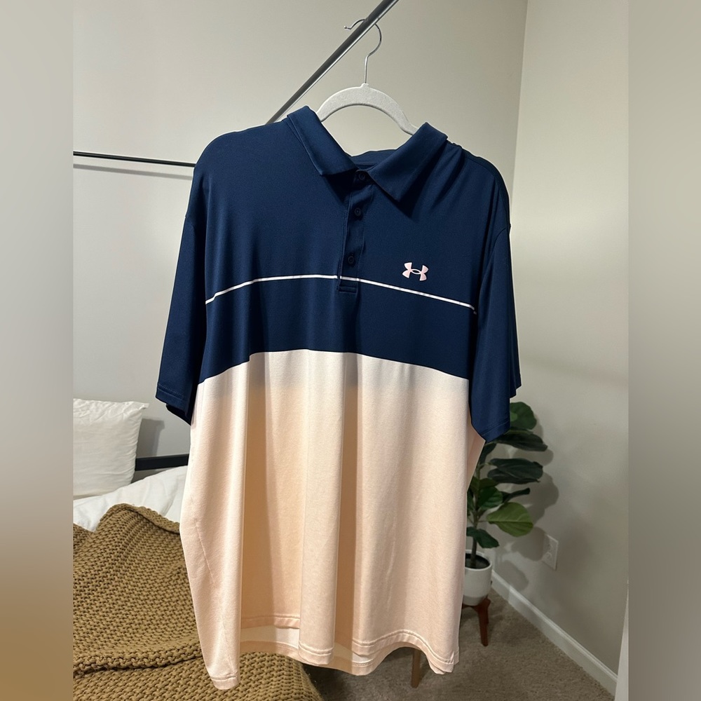 Men’s Under Armour blue and light peach polo XXL